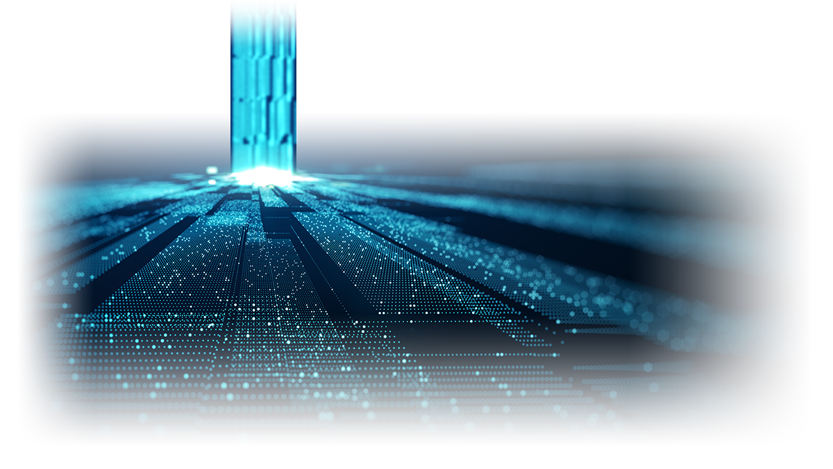 Abstract blue digital circuit pathway with glowing light source and pixel-like data patterns