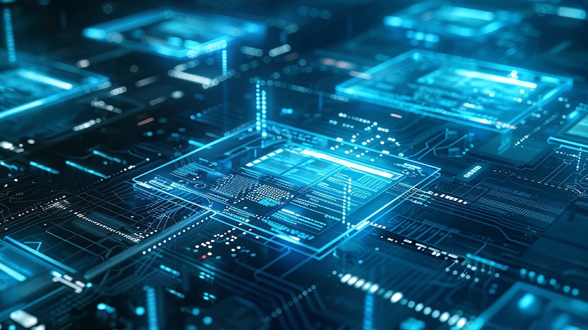 Glowing blue semiconductor chips connected across a digital circuit board