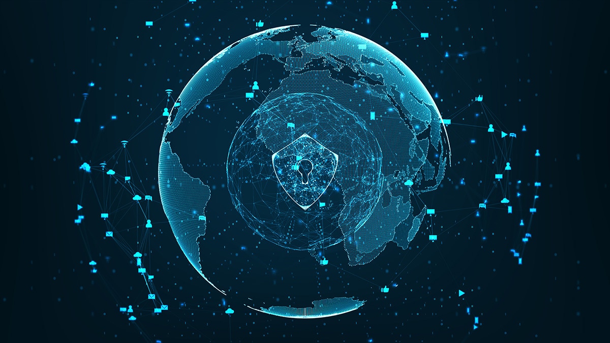 Digital globe with a central shield and lock icon surrounded by connected network symbols