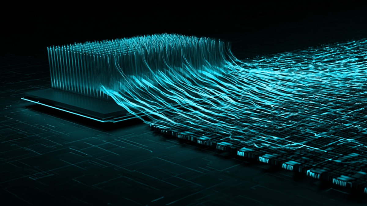 Glowing teal data streams flow from a processor across a dark circuit board