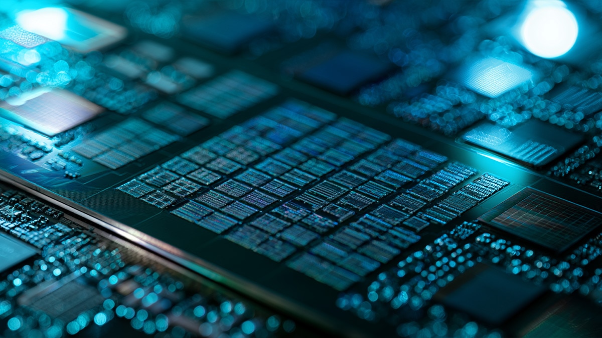 macro product photography of a silicon wafer covered in microscopic processor dies