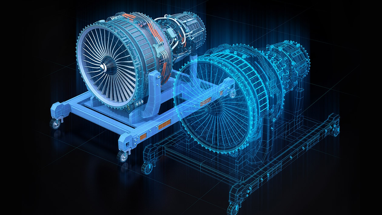 Wireframe rendering of turbojet engine and mirrored physical body on black background. Digital twin concept. 3D rendering image.