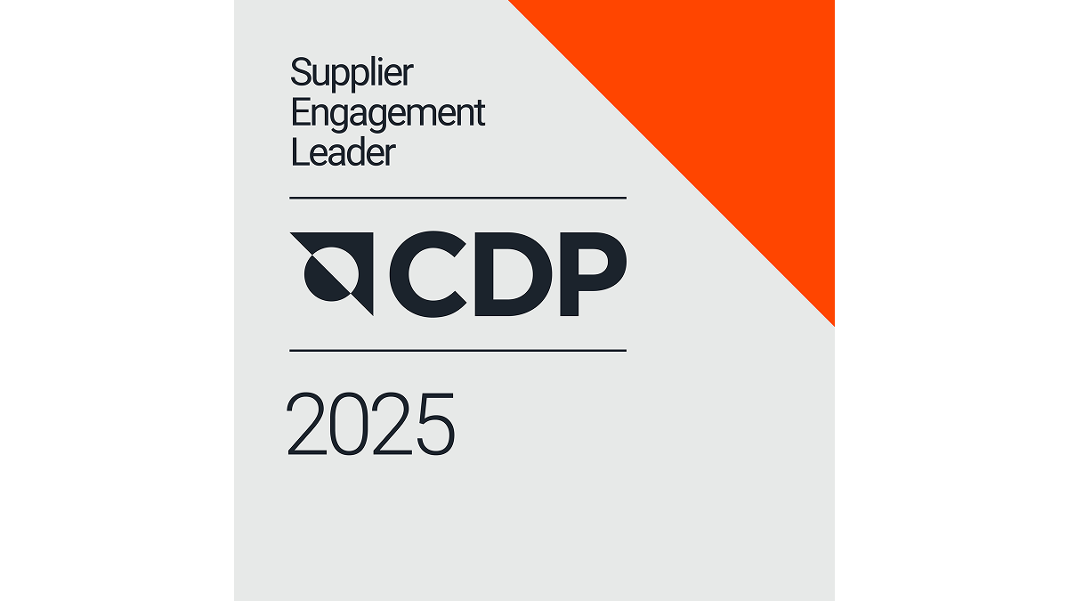 Gray and orange graphic with text “Supplier Engagement Leader,” CDP logo, and “2025” award branding.