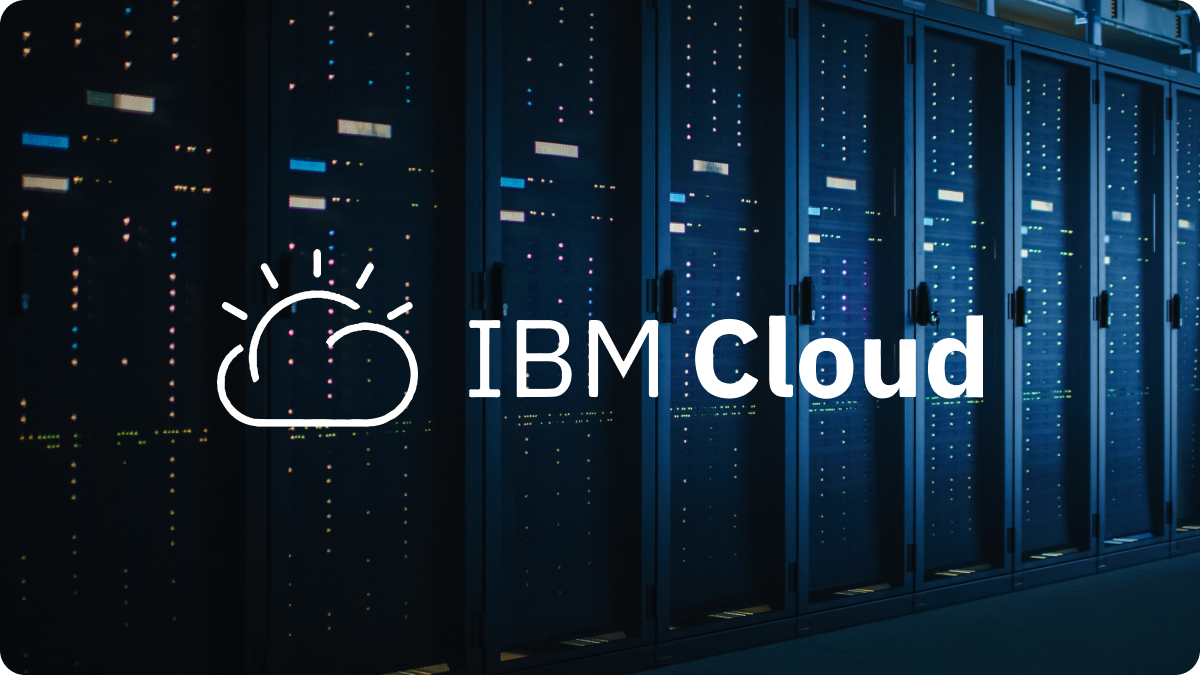 IBM Cloud logo with datacenter background