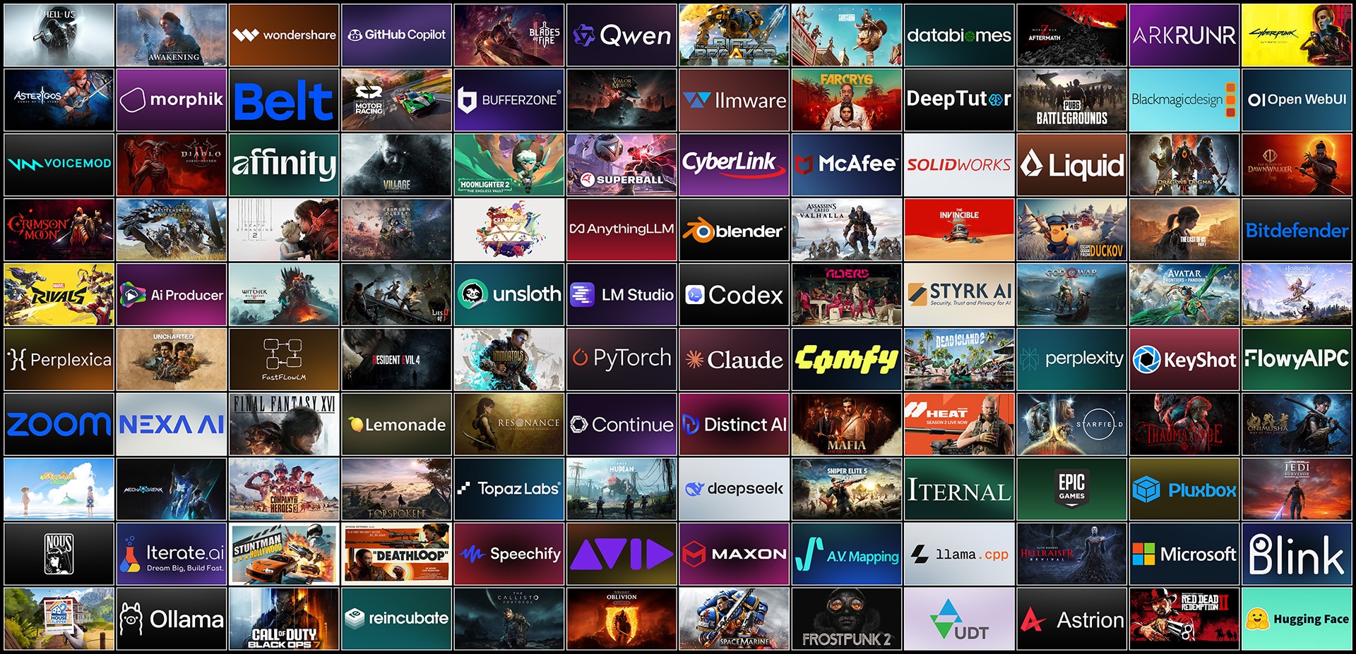 Logo wall from left to right, row 1 [Hell is Us, Unknown 9: Awakening, Wondershare, GitHub Copilot, Blades of Fire, Qwen, The Riftbreaker™, Saints Row, Databiomes, World War Z®: Aftermath, ARKRUNR, Cyberpunk 2077], row 2 [Asterigos: Curse of the Stars, Morphik, Belt, Project Motor Racing, BUFFERZONE, Valor Mortis, llmware, Far Cry® 6, DeepTutor, PUBG Battlegrounds, Blackmagic Design, Open WebUI], row 3 [Voicemod, DIABLO® IV: LORD OF HATRED™, Affinity, Resident Evil™ Village, Moonlighter 2, Superball, CyberLink, McAfee, SOLIDWORKS, Liquid, Dragon’s Dogma 2, The Blood of Dawnwalker], row 4 [Crimson Moon, Monster Hunter Wilds, DEATH STRANDING 2: ON THE BEACH, Crimson Desert, Creatures of Ava, AnythingLLM, Blender, Assassin’s Creed Valhalla, The Invincible, Escape from Duckov, THE LAST OF US™ Part I, Bitdefender], row 5 [Marvel Rivals, AI Producer, The Witcher III Wild Hunt Remastered, Lies of P, Unsloth, LM Studio, OpenAI Codex, The Alters, STYRK AI, God of War™, AVATAR: Frontiers of Pandora™, Horizon Zero Dawn™ Complete Edition for PC], row 6 [Perplexica, UNCHARTED: Legacy of Thieves Collection, FastFlowLM, Resident Evil™ 4, Immortals of Aveum™, PyTorch, Claude, Comfy, Dead Island 2, Perplexity, KeyShot, FlowyAIPC], row 7 [Zoom, Nexa AI, Final Fantasy XVI, Lemonade, Resonance: A Plague Tale Legacy, Continue, Distinct AI, Mafia: The Old Country, World of Tanks HEAT, Starfield, The Thaumaturge, Onimusha: Way of the Sword], row 8 [Starsand Island, Mecha BREAK, Company of Heroes 3, Forspoken, Topaz Labs, Once Human, DeepSeek, Sniper Elite® 5, Iternal, Epic Games, Pluxbox, STAR WARS Jedi: Survivor™], row 9 [Nous, Iterate.ai, Stuntman: Hollywood, DEATHLOOP™, Speechify, Avid, Maxon, A.V. Mapping, llama.cpp, Clive Barker's Hellraiser: Revival, Microsoft, Blink], row 10 [House Flipper 2, Ollama, Call of Duty®: Black Ops 7, Reincubate, The Callisto Protocol, The Elder Scrolls IV: Oblivion Remastered, Warhammer 40,000: Space Marine 2, Frostpunk 2, UDT, Astrion AI, Red Dead Redemption 2, Hugging Face]