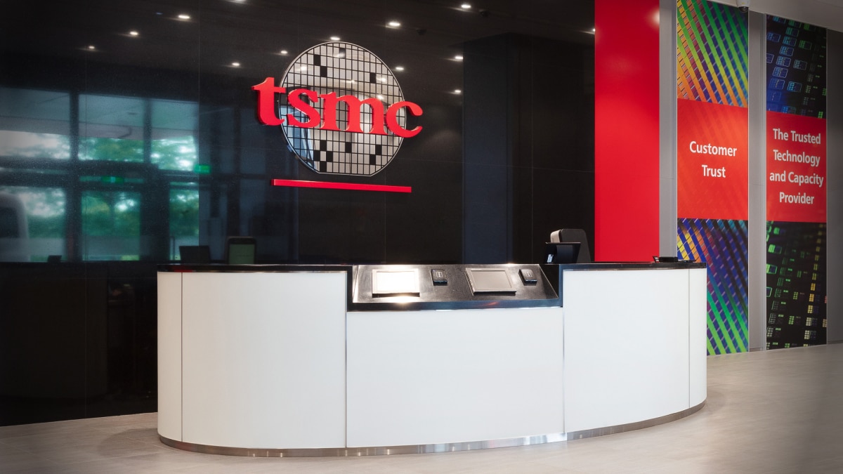 Lobby of TSMC corporation with a big entry desk. 