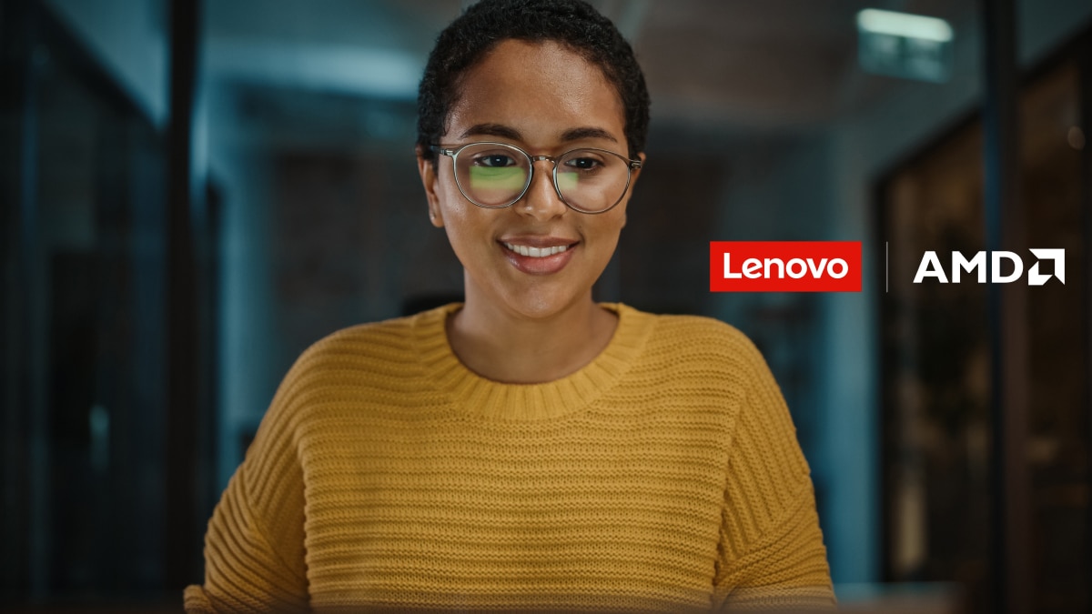 Woman with Lenovo and AMD logo