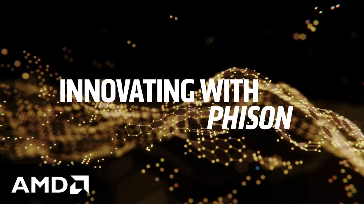 AMD Innovating with Phison graphic showing glowing golden digital network lines, symbolizing technology innovation and partnership.