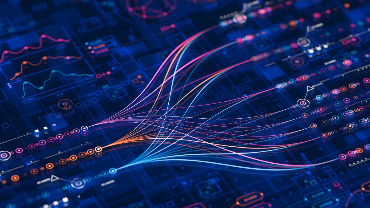 Abstract data visualization with bright multicolor lines connecting nodes on a dark blue digital grid.
