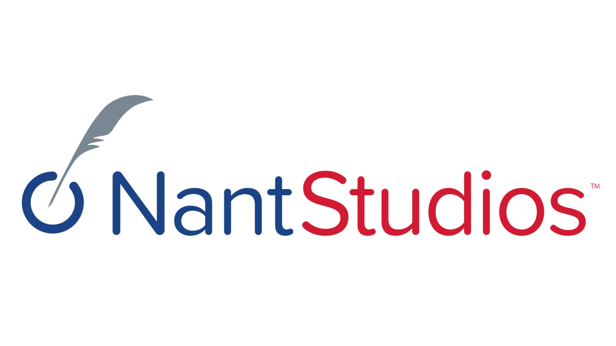 NantStudios logo with blue and red text and feather quill symbol forming a circular design.