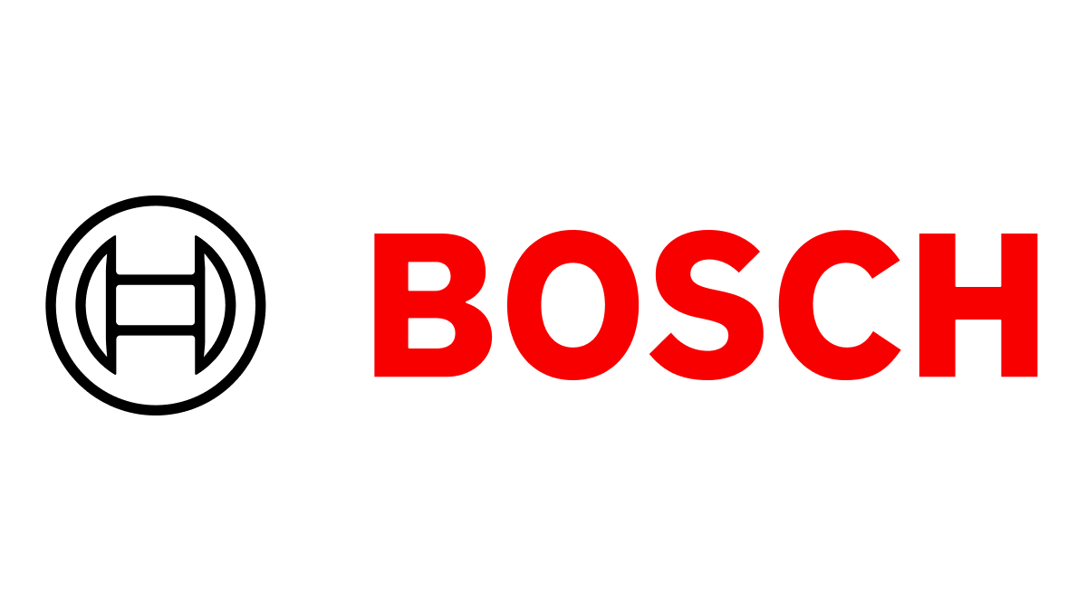 Bosch logo with bold red uppercase text beside gray circular mechanical symbol on white background.