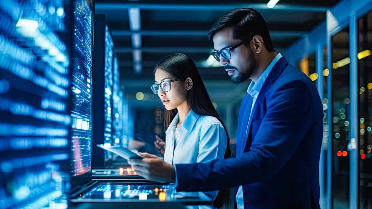 Two engineers review a tablet beside illuminated blue server racks in a data center.