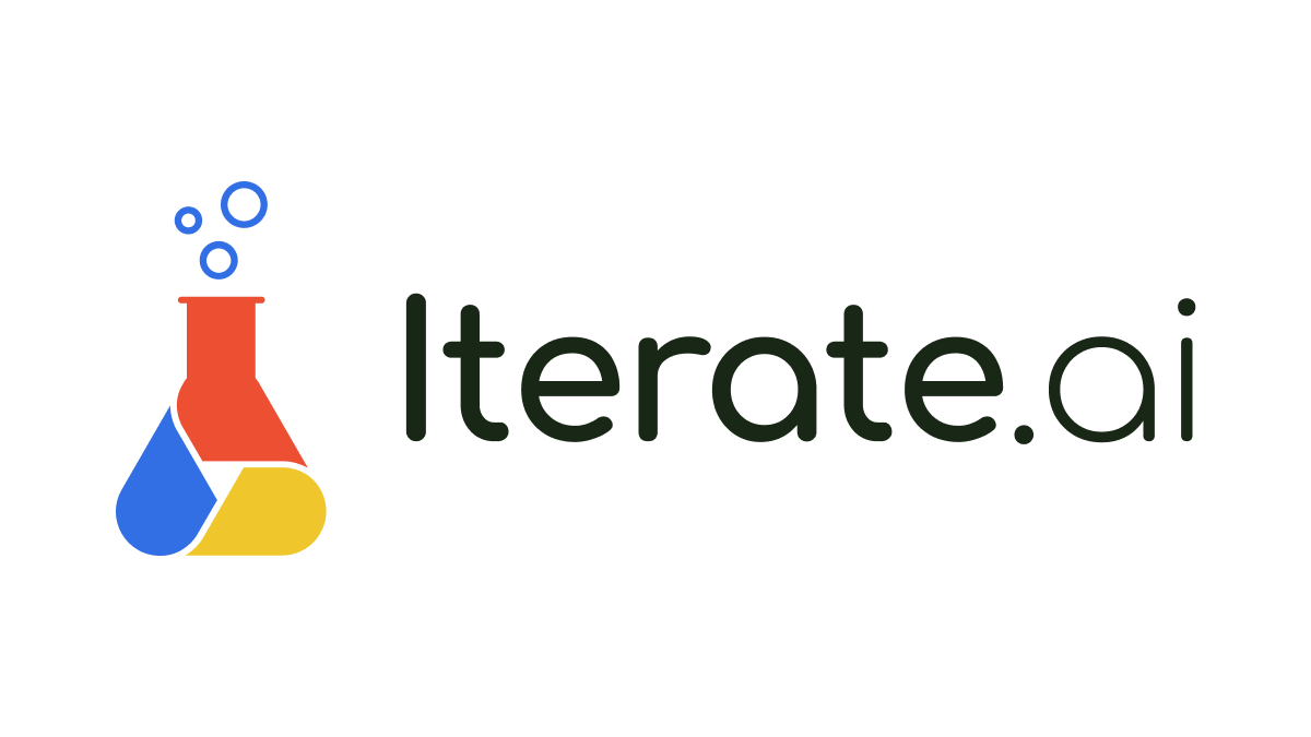 Iterate.ai logo with a lab flask icon in red, blue, and yellow next to the text “Iterate.ai” on black background.