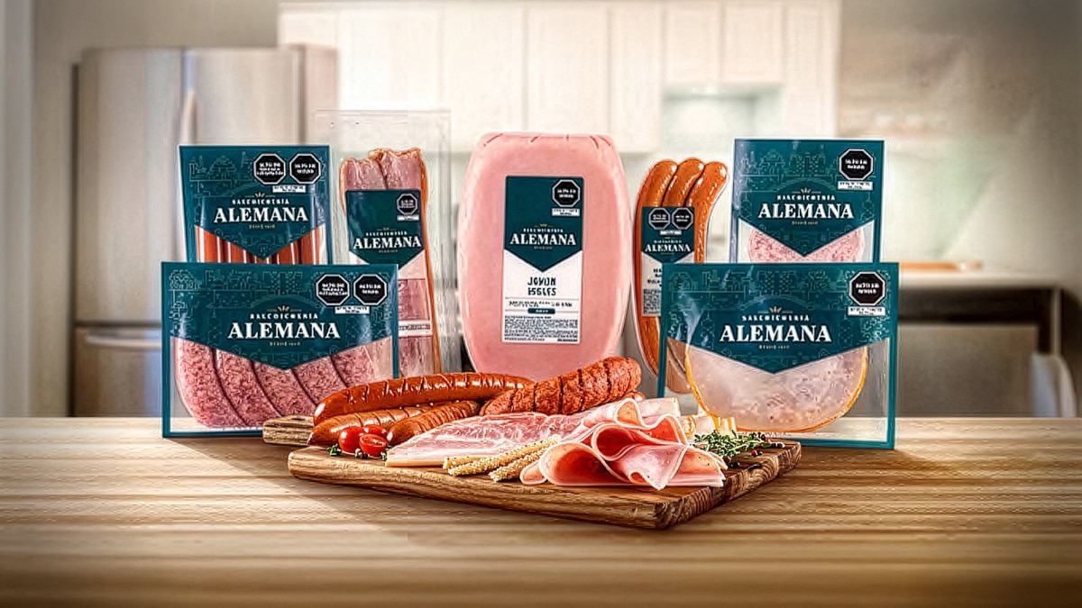 Assortment of Alemana processed meats including ham, sausages, and sliced deli products displayed on a table