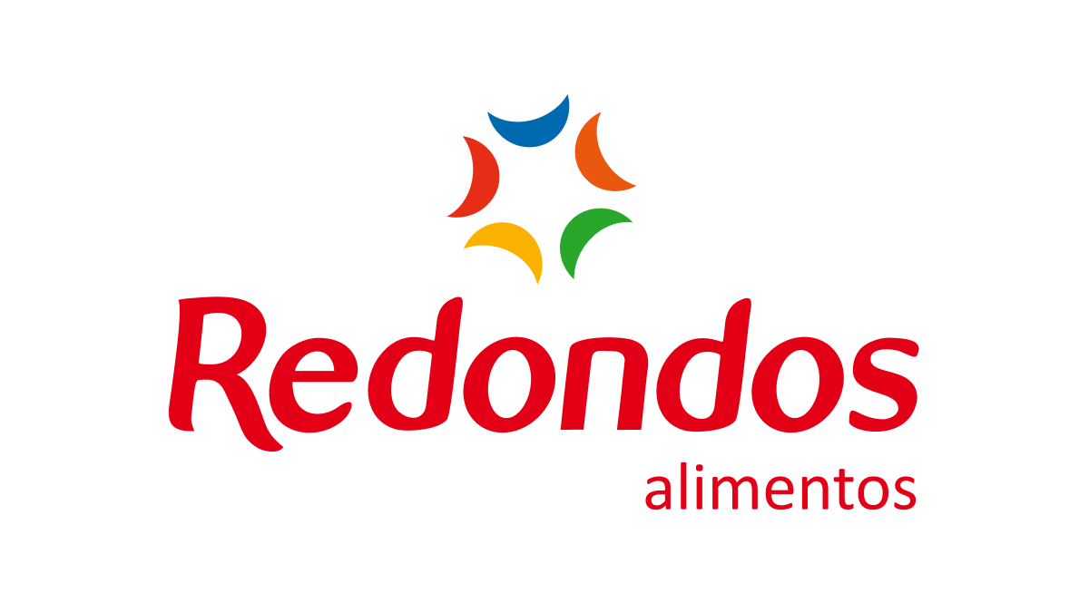 Redondos alimentos logo in red text with a colorful abstract star symbol on a black background