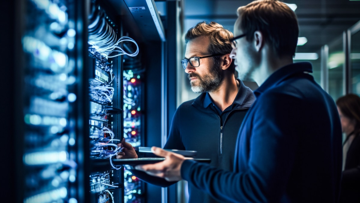 Operations team working at multi-monitor desks showing dashboards, charts, and system status screens.