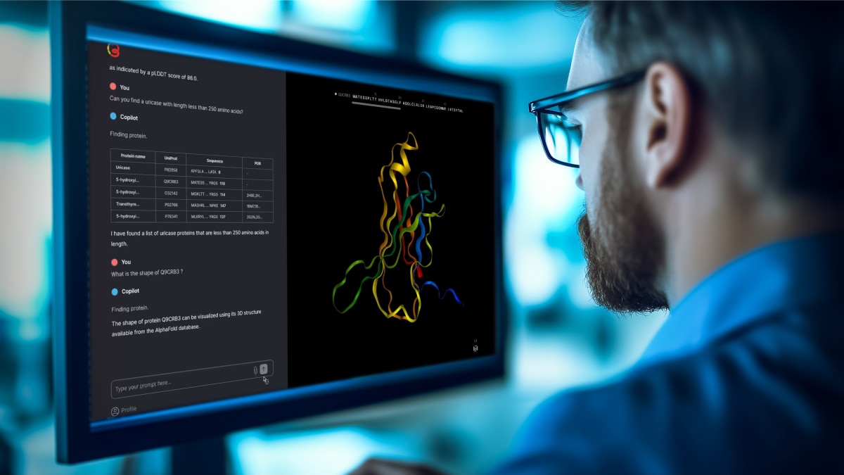 Scientist viewing protein model and chat interface discussing uricase and AlphaFold data on monitor.