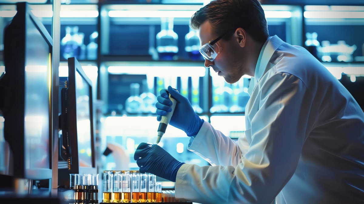 Scientist in lab coat and safety glasses pipetting liquid into test tubes with amber samples.