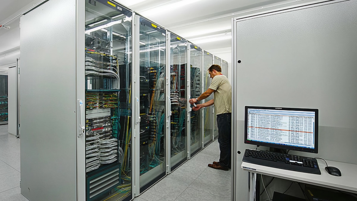 Technician working on server cabinets with bundled cables; nearby monitor displays system data in clean server room