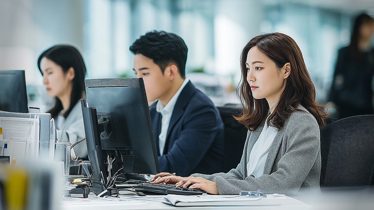 Three professionals working at desktop computers in a modern office setting