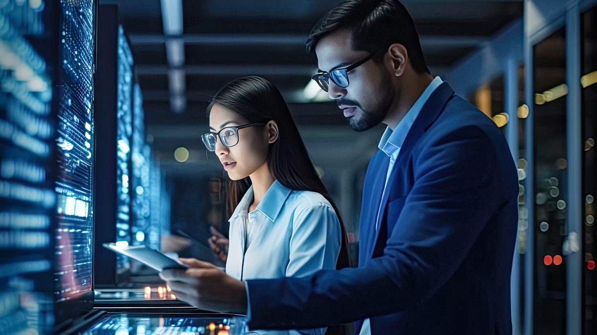Two engineers reviewing server racks and data on a tablet in a blue-lit data center