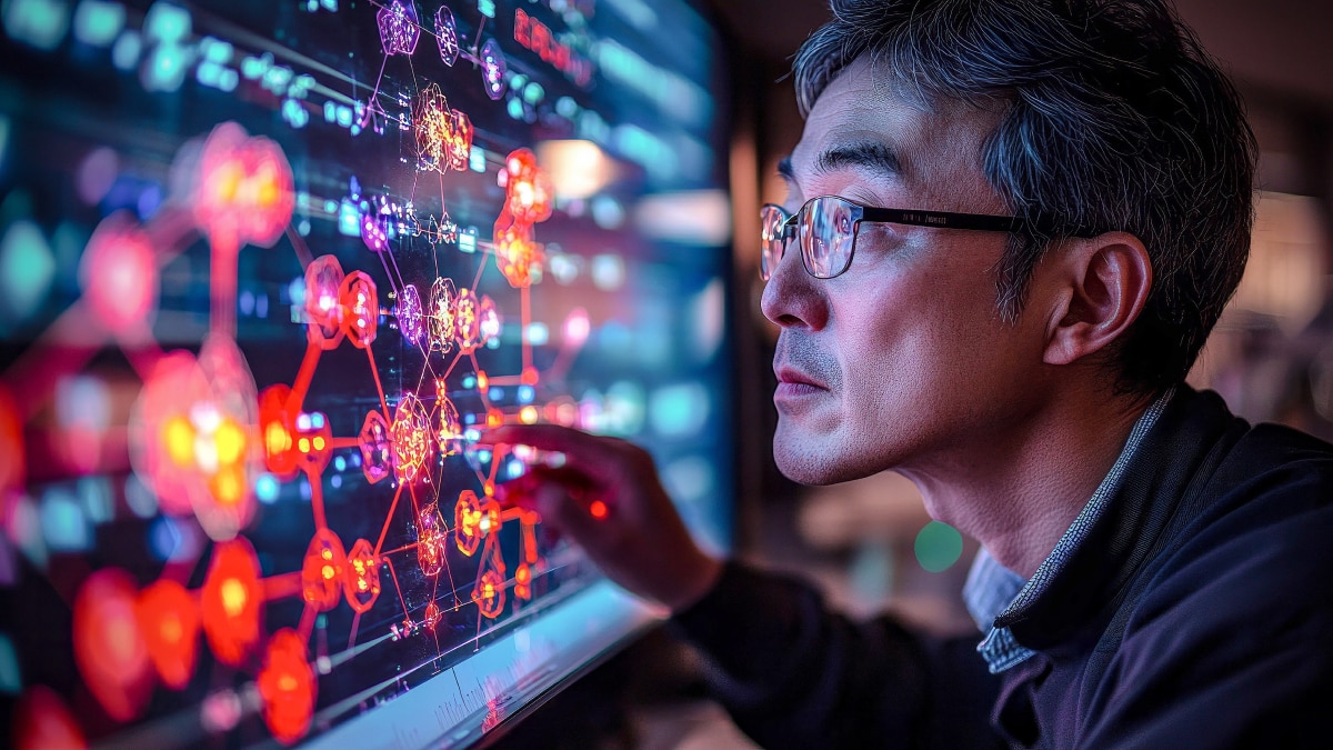 Analyst examining colorful network data visualization on a large digital screen