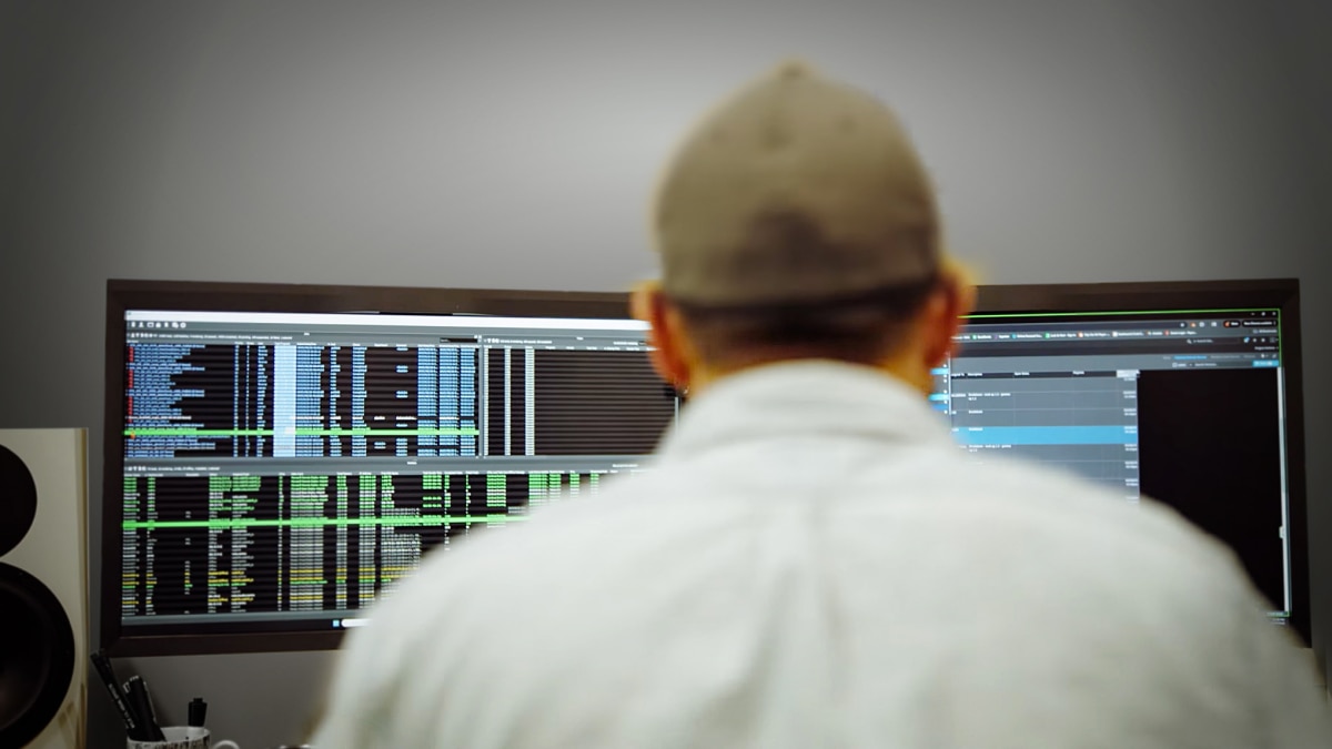 Person viewed from behind looks at dual monitors filled with dense data tables and system metrics in a clean workspace