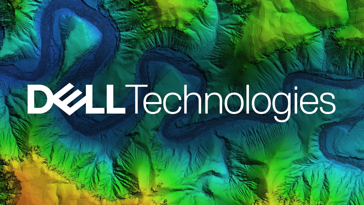 Dell Technologies logo over colorful topographic map with winding river in blue, green, and yellow terrain shades
