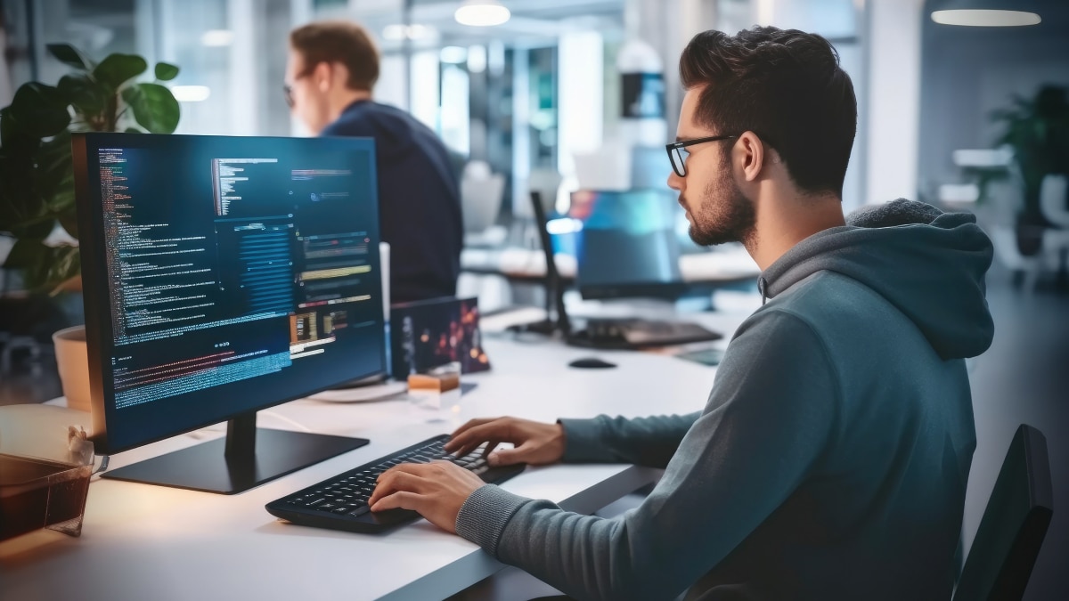 Developer wearing glasses coding on a desktop monitor with multiple windows in a modern office