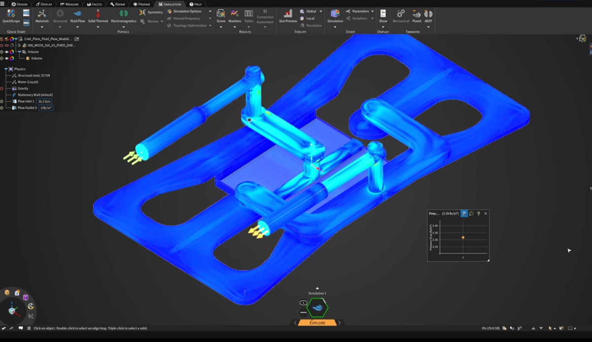 Ansys model showing heat or velocity distribution in blue with highlighted flow regions and analysis panel