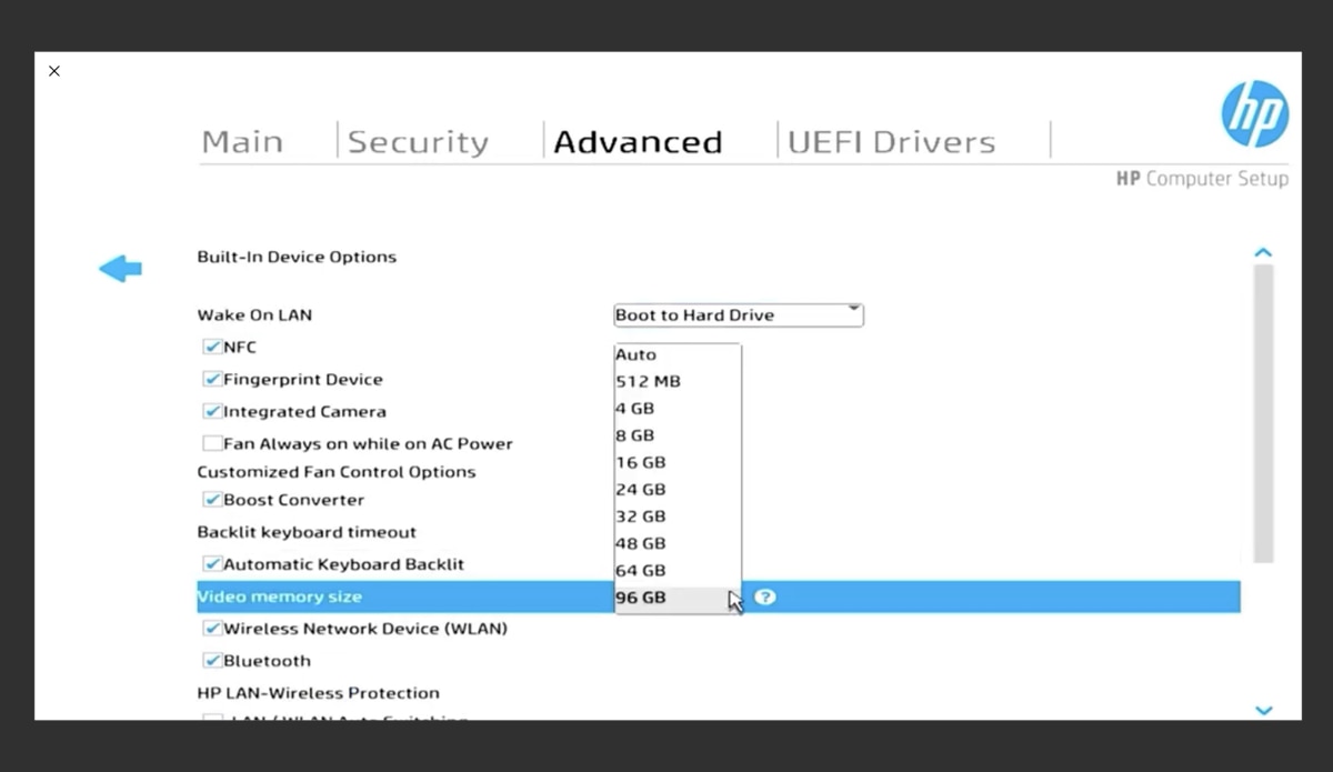 HP Computer Setup BIOS screen on Advanced tab showing video memory size options from 512 MB to 96 GB