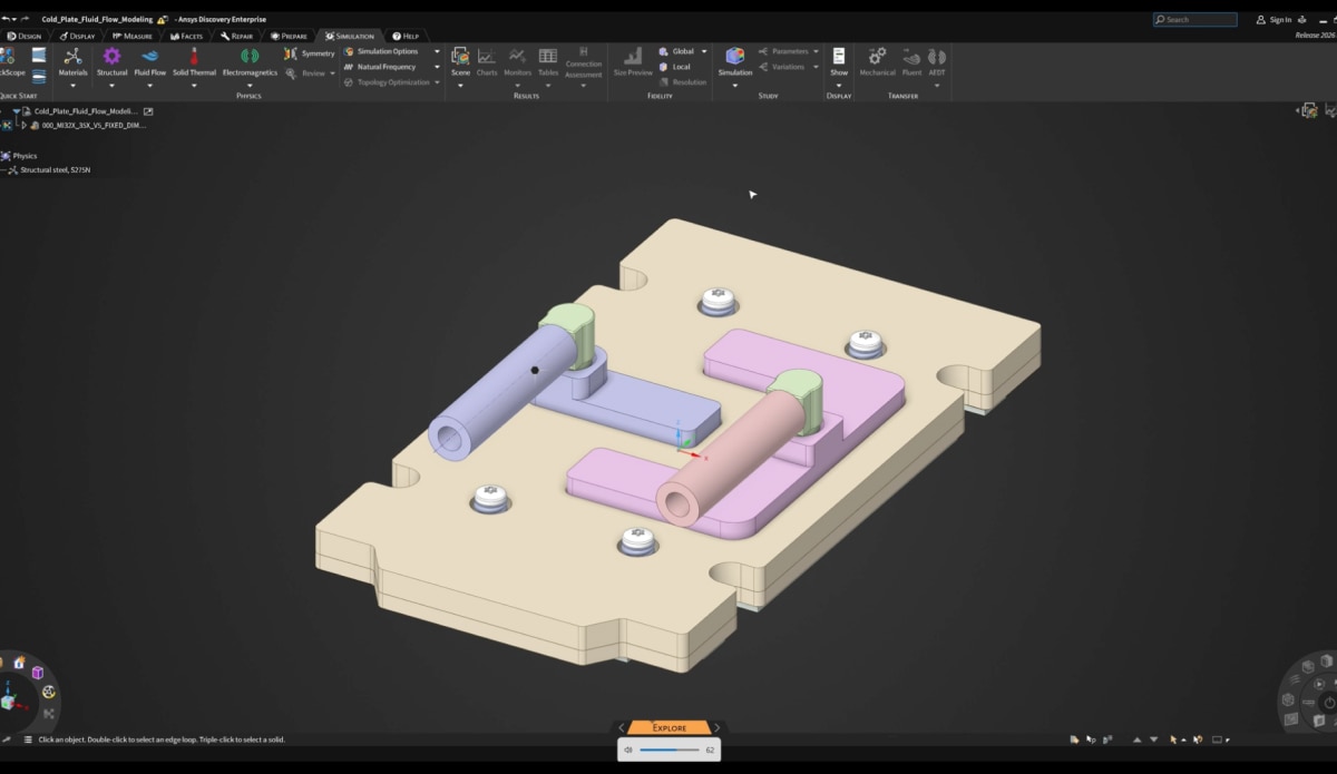 3D CAD model in Ansys showing mechanical assembly with pipes, base plate, and mounting bolts