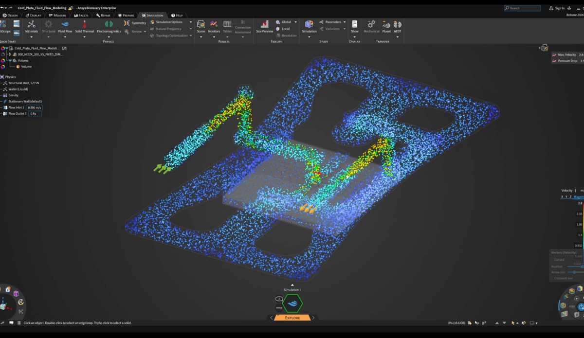 Ansys interface showing particle-based fluid simulation with colored velocity points flowing through a pipe system