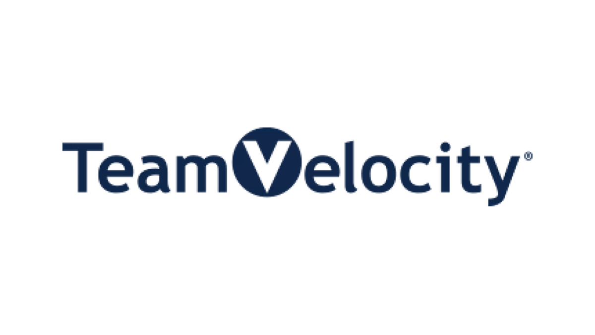TeamVelocity logo in dark blue text with stylized V icon on black background