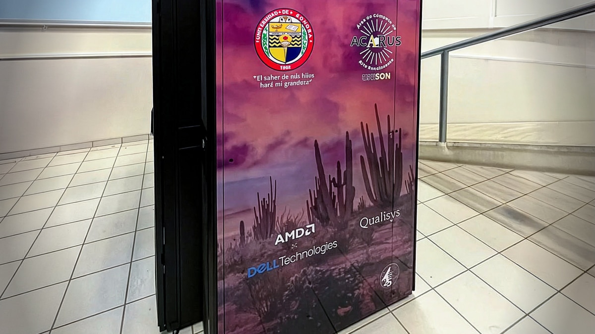 Dell Technologies server cabinet with University of Sonora and ACARUS logos in a research facility.