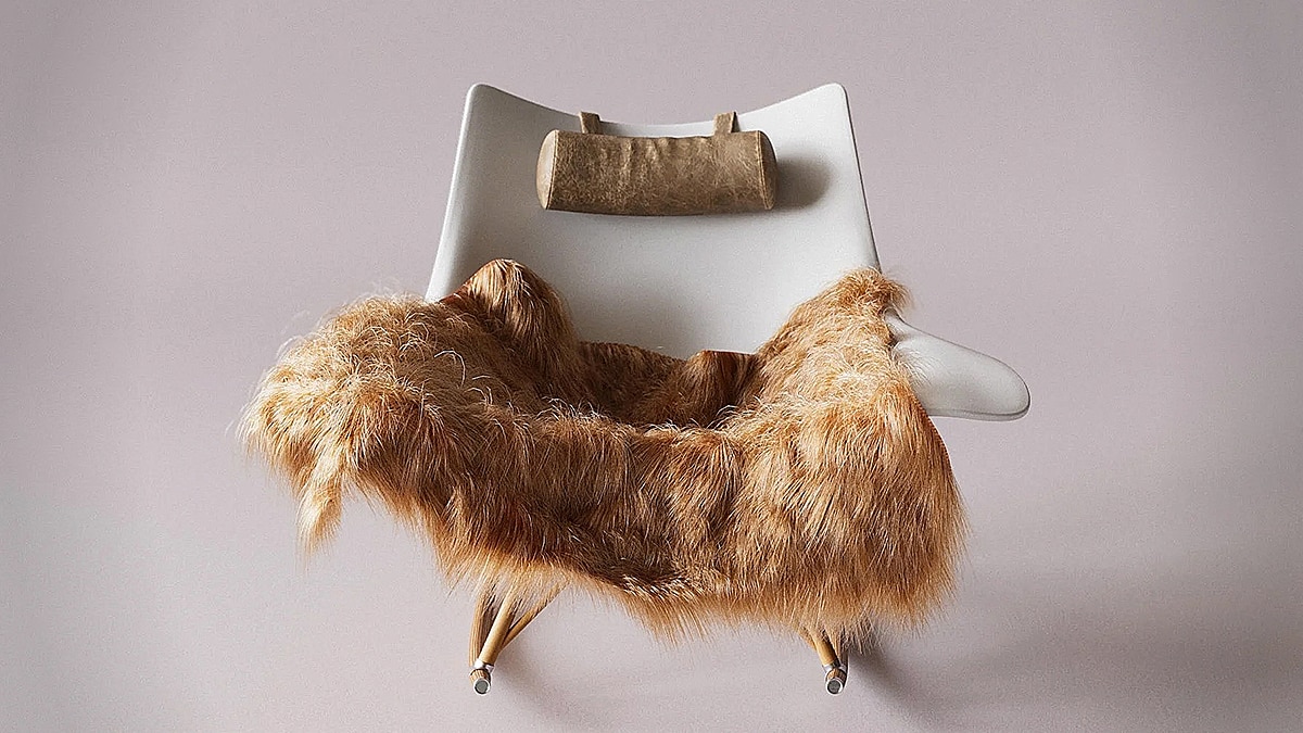 Modern white accent chair with tan fur upholstery, wooden legs, and matching headrest against a neutral background.