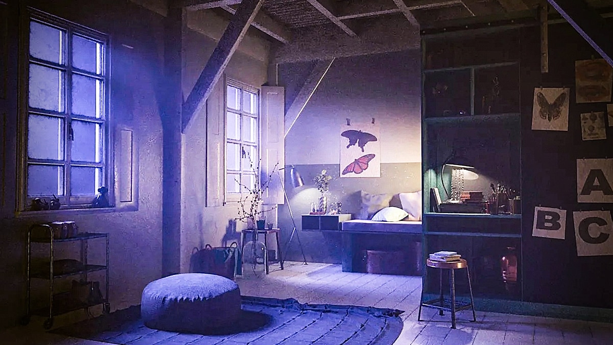 Moody loft bedroom with large windows, bed, ottoman, shelving, butterfly artwork, and soft purple ambient lighting.