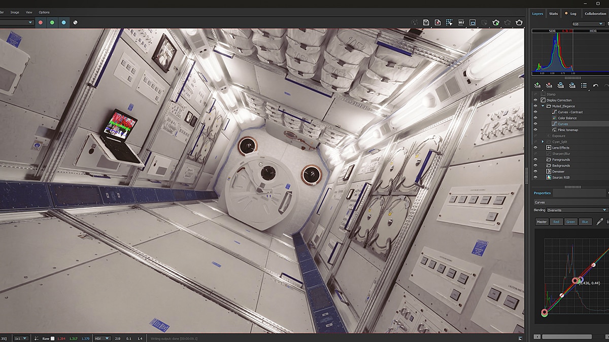 Photo editing software displaying a space station interior image with histogram, layers panel, and color curve adjustments.