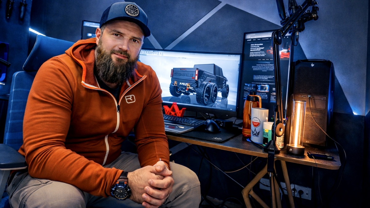 Person seated at a workstation displaying a 3D six-wheel off-road vehicle model on monitors in a blue-lit design studio.