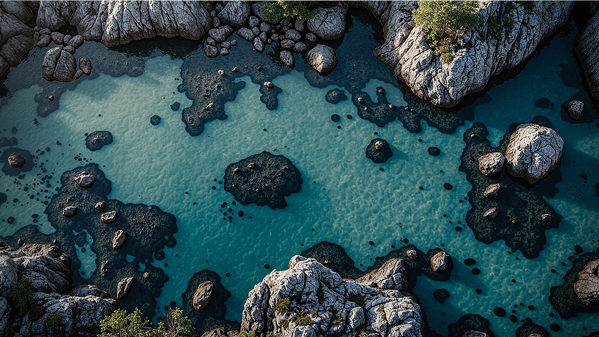 Aerial view of turquoise tide pools surrounded by rugged gray rocks and scattered boulders along a rocky shoreline.