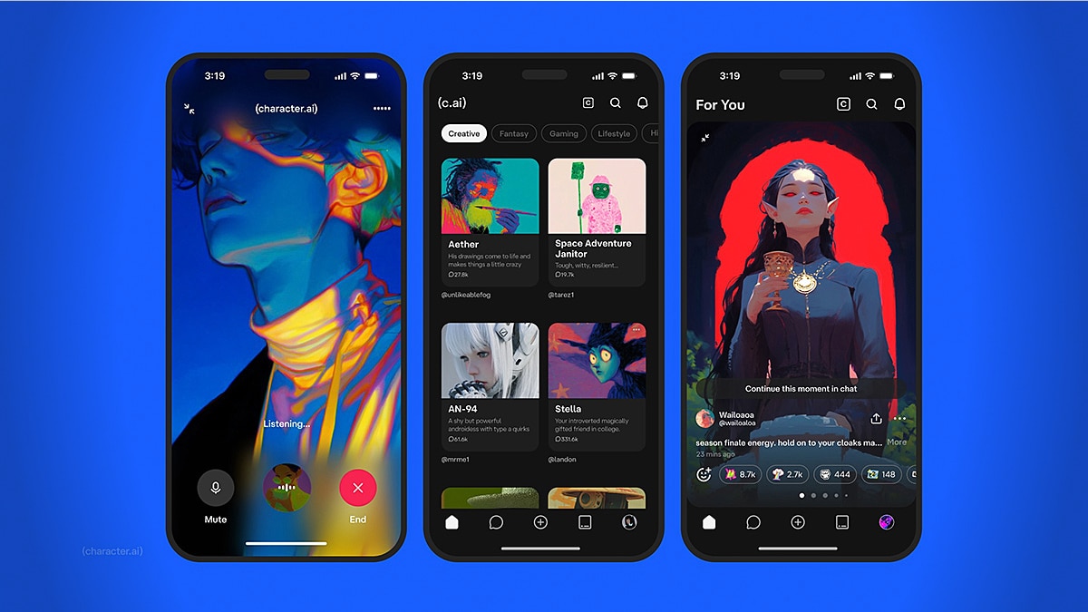 Three Character.AI mobile screens show an AI voice call, character gallery, and "For You" feed on a blue background.