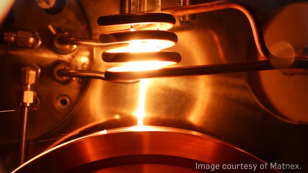 Glowing industrial heating coil and metal equipment with text reading “Image courtesy of Mathex.”