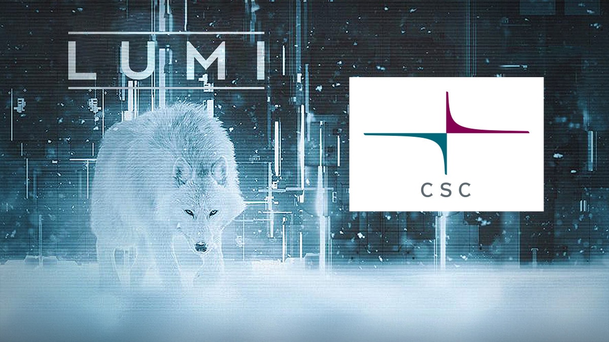 White Arctic wolf against a blue digital background with LUMI text and CSC logo featuring teal and magenta graphics.