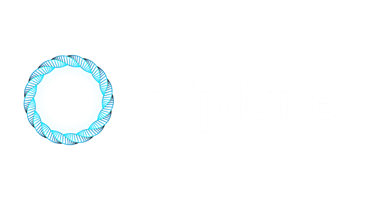 Infplane logo with teal circular abstract swirl icon and white “Infplane” text on black background