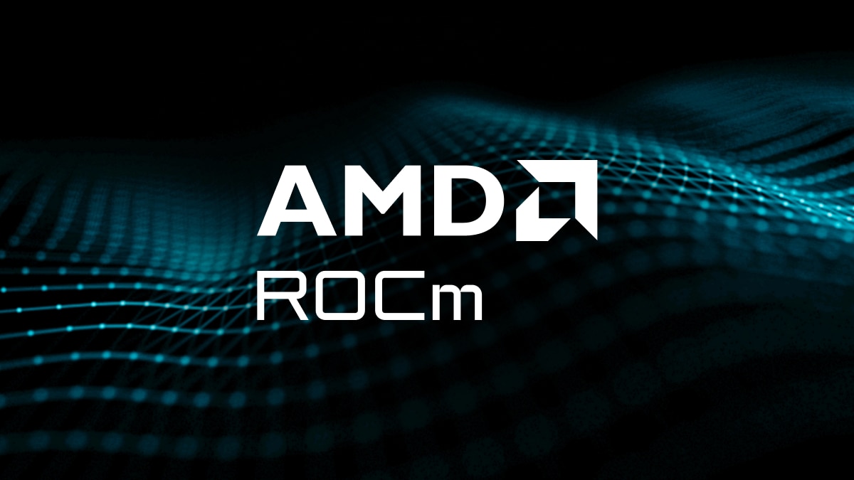 White ROCm logo centered over a black and teal abstract digital wave background.