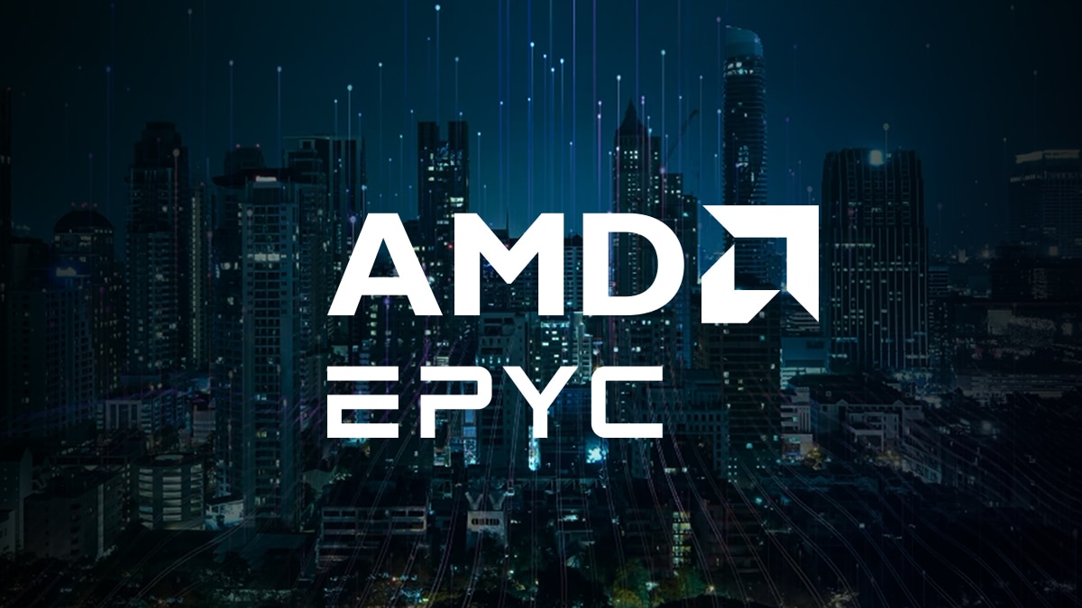 AMD EPYC Logo on City Skyline Background