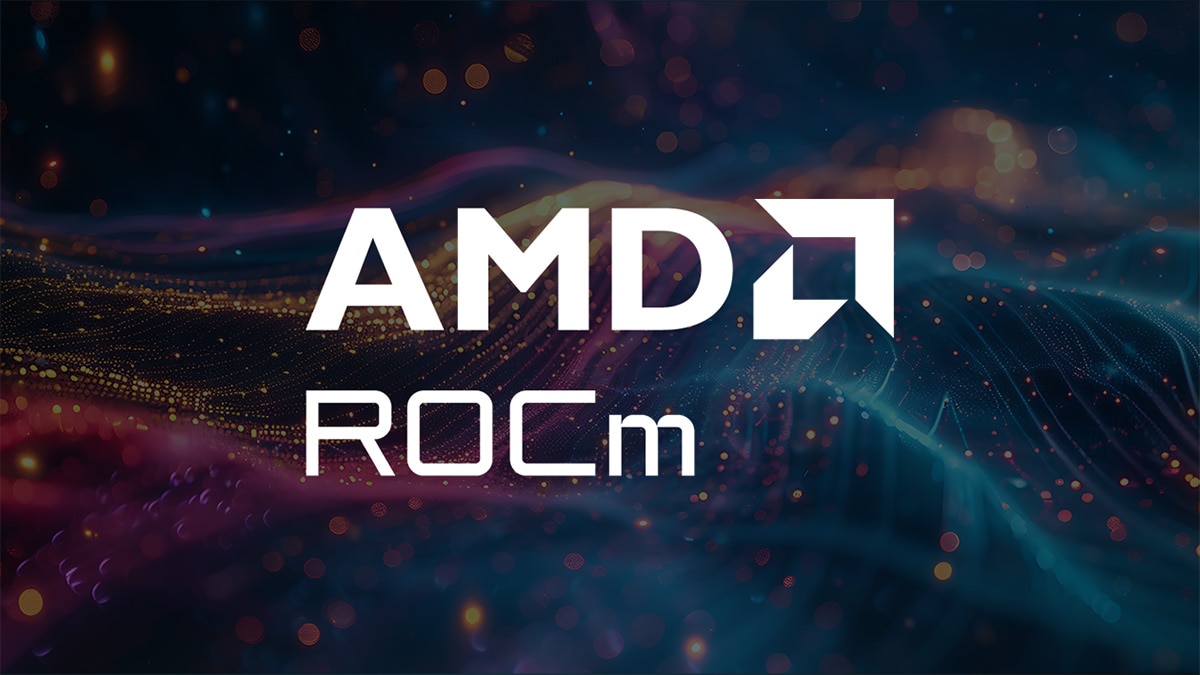 AMD ROCm logo in white on colorful background 