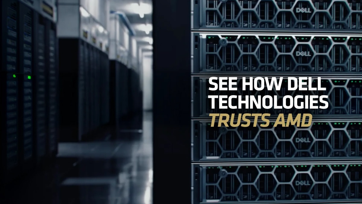 Dell server racks in a data center aisle with on-image text reading “SEE HOW DELL TECHNOLOGIES TRUSTS AMD.”