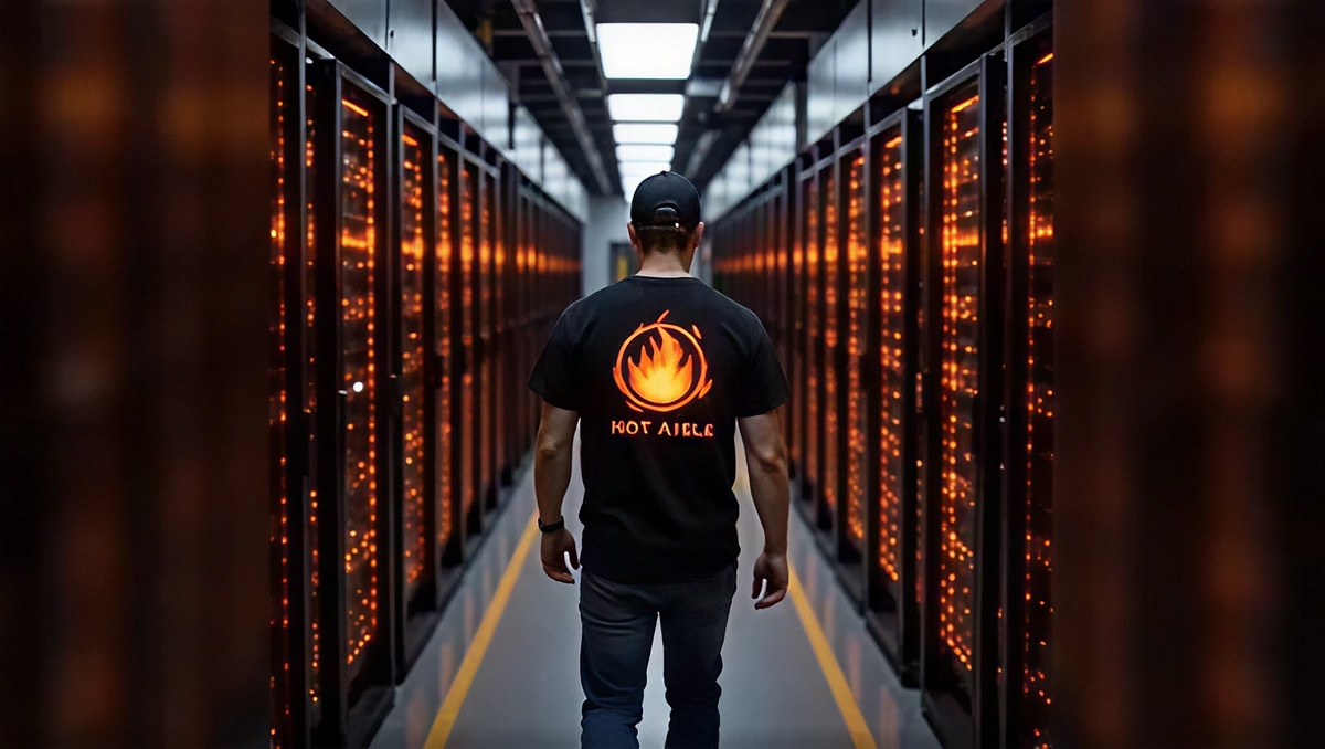 Man walking between server racks with orange LEDs, wearing black T-shirt with flame logo and “HOT AISLE” text.