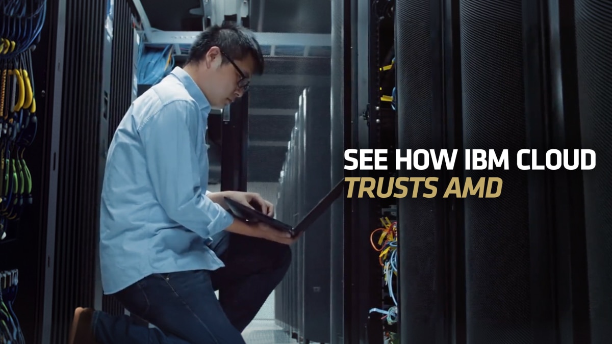 Technician using laptop in server aisle with text “See How IBM Cloud Trusts AMD”